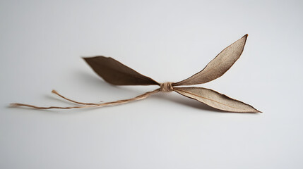 Two dried leaves tied together with twine, creating a delicate, minimalist composition against a white background. Perfect for autumn or nature-themed projects.