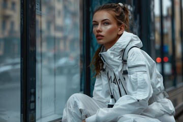 Fototapeta premium White sports suit girl Street style fashion advertising trends.