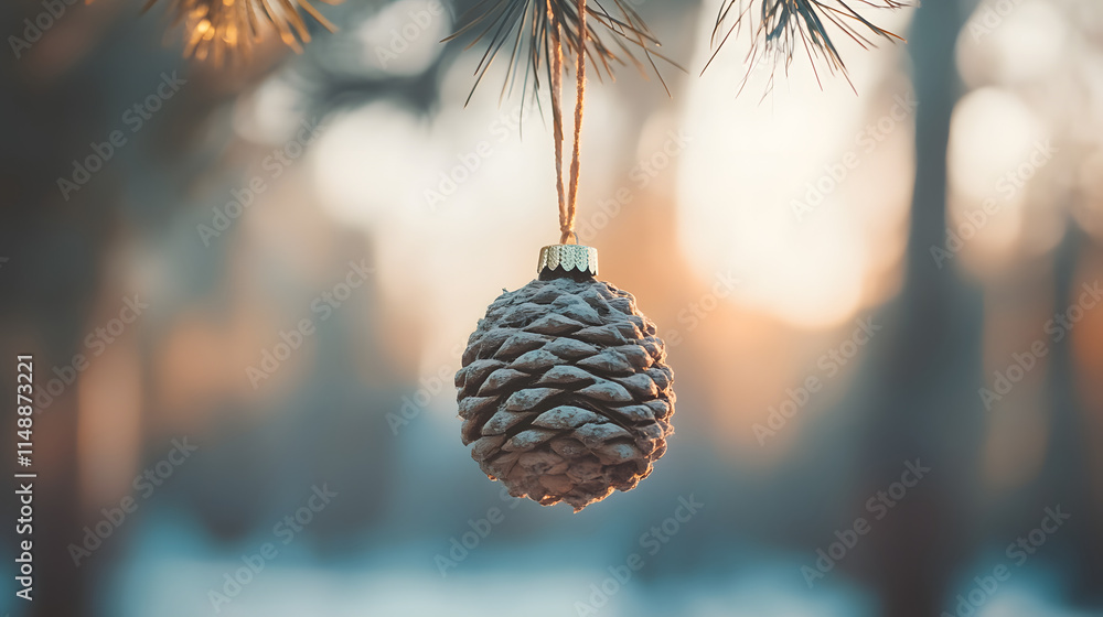 Poster a pine cone ornament hangs from a pine branch, bathed in the warm glow of the setting sun. a rustic 