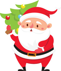 Cartoon Santa Claus joyfully carrying a beautifully decorated Christmas tree, dressed in his iconic red costume, spreading holiday cheer and festive spirit for the season