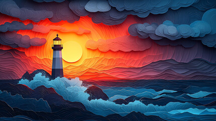 Modern Papercut Lighthouse on Rocky Shore
