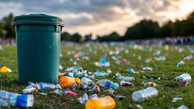 Plastic waste polluting a lush grass field near a trash can, emphasizing the environmental impact following a public event festival ground, overflowing garbage bins and volunteers cleaning up