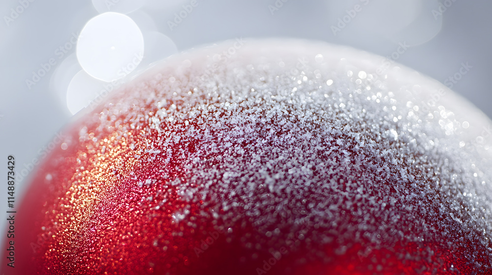 Aufkleber close-up of a red christmas ornament covered in a layer of sparkling frost. soft, bokeh background e