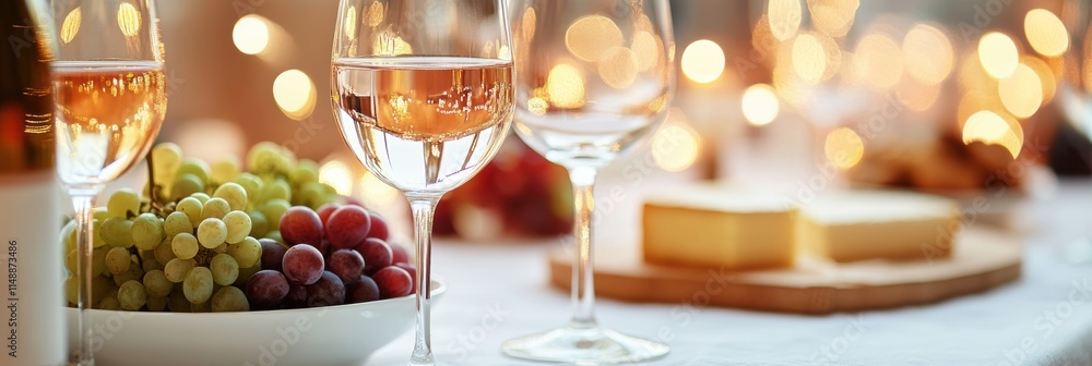 Poster elegant table setting with wine glasses, cheese platter, and grapes for a festive evening gathering.