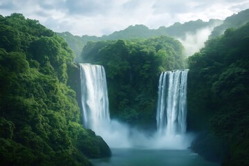 Fototapeta premium Scenic waterfall cascading down rocks in jungle. Water flows down cliff surrounded by thick green foliage. Tranquil nature scene shows beautiful park. Fresh water creek flows in wilderness. Stunning