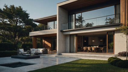 Contemporary two-story house with large windows and patio doors, concrete and wood exterior,  outdoor seating area, and a small pool.  Landscaped lawn and trees surround the property.