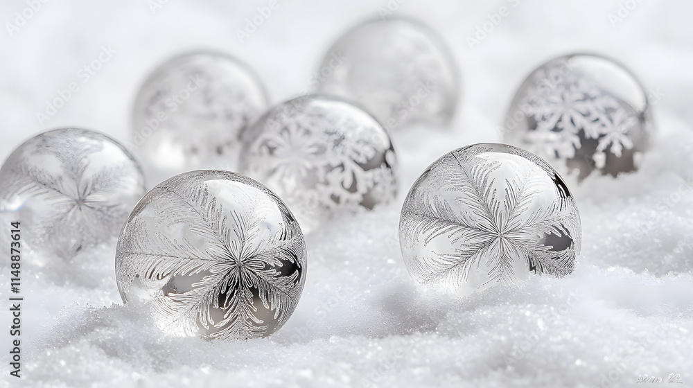 Poster frozen soap bubbles with intricate snowflake patterns rest on a bed of pristine snow. a stunning win