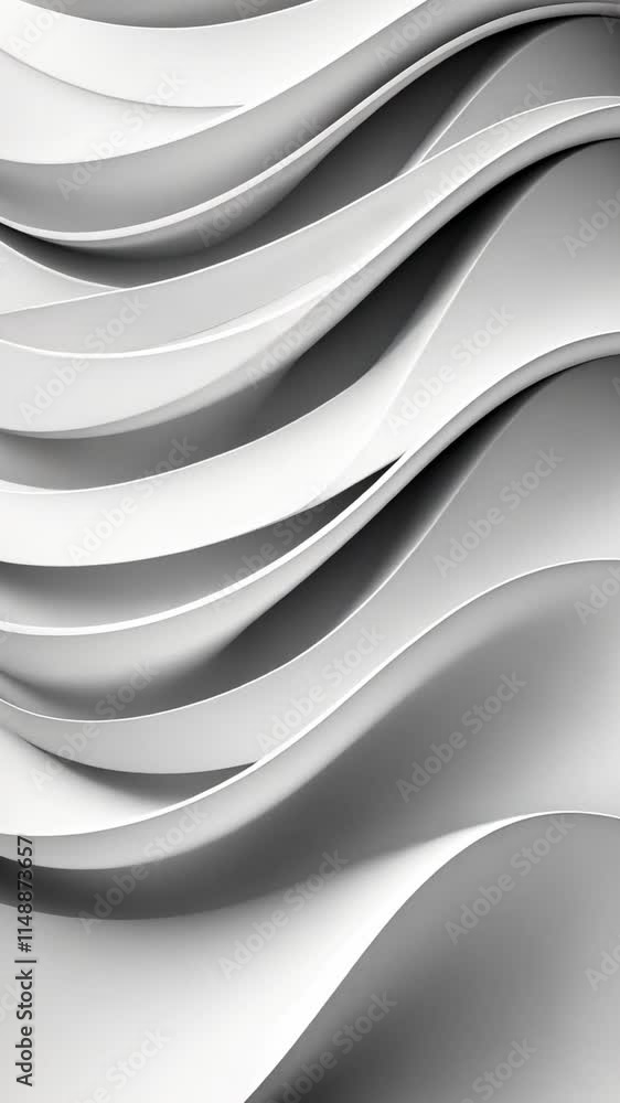 Poster flowing curves in shades of gray and white moving smoothly, creating an abstract minimalistic backgr
