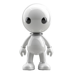 A white robot with black eyes stands on a white background