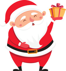 Santa Claus, dressed in traditional red attire, joyfully holding a beautifully wrapped Christmas gift adorned with a shiny red ribbon, radiates happiness and festive spirit
