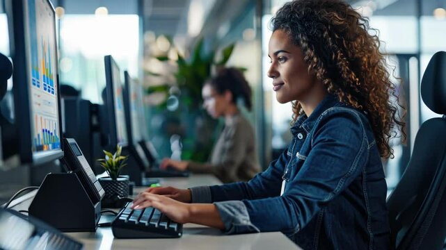 Engaged female professional using a computer in a contemporary office workspace.