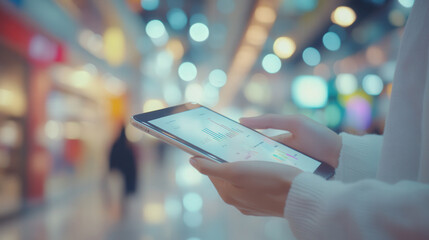 Blurred digital tablet showing business analytics in a high-tech office environment