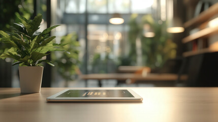 Blurred digital tablet showing business analytics in a high-tech office environment