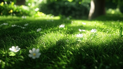 Naklejka premium Sunlit grassy meadow with white wildflowers.