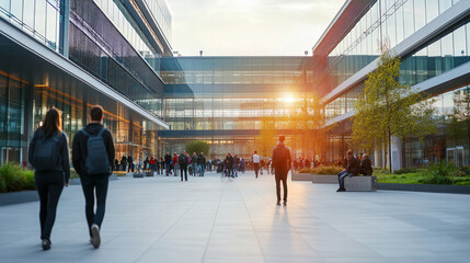 Blurred outdoor courtyard of a corporate campus with people walking and chatting