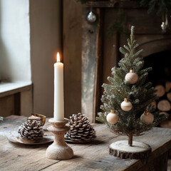 cozy Christmas scene featuring small tree, candle, and pinecones