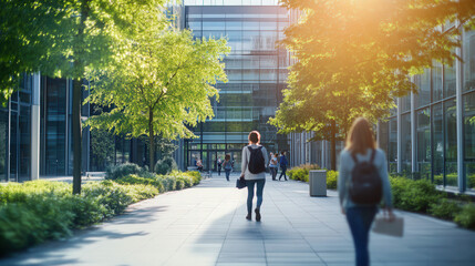 Blurred outdoor courtyard of a corporate campus with people walking and chatting