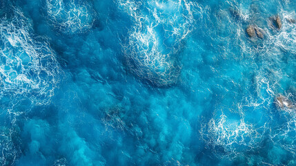 mesmerizing aerial view of the deep blue sea, showcasing its dynamic surface with waves symbolizing chaos, freedom, and life's unpredictable flow. A scene evoking wonder and introspection