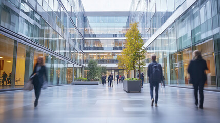 Blurred outdoor courtyard of a corporate campus with people walking and chatting