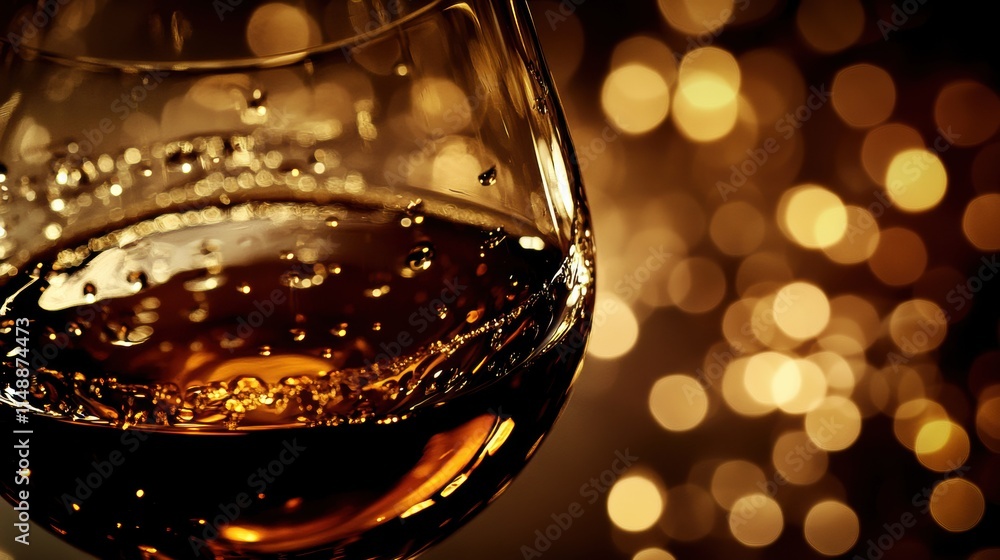 Poster sparkling drink in a glass with golden bokeh background creates a festive atmosphere for celebration