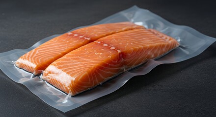 Salmon fillets in a vacuum-sealed package. Sous-vide, innovative culinary technique 3d illustration image.