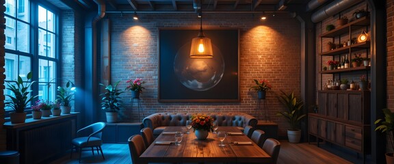 Obraz premium Industrial Chic Dining Room with Exposed Brick and Potted Plants