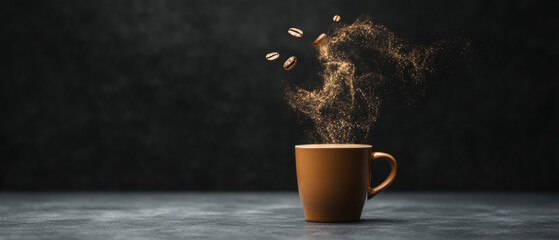 steaming coffee cup with floating coffee beans creates cozy atmosphere