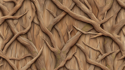A seamless pattern of intertwined tree branches and bark textures, with earthy hues of brown, green moss accents, and intricate grain details forming a forest-inspired design.