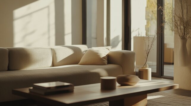 Modern minimalist living space with refined, stylish decor. Featuring sleek lines and muted colors