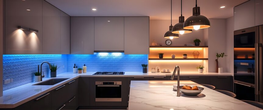 Modern Kitchen with Blue Backsplash and Stainless Steel Appliances