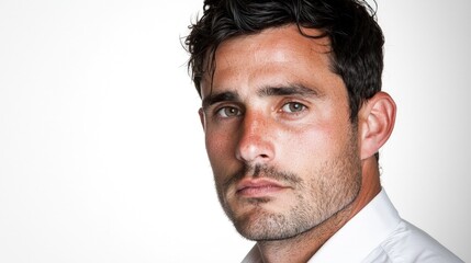 Obraz premium Close-up portrait of a serious, handsome man with dark hair and stubble wearing a white shirt against a plain white background.