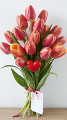 Fototapeta premium Vibrant tulips bouquet, red heart, gift tag, fresh,bloom,love