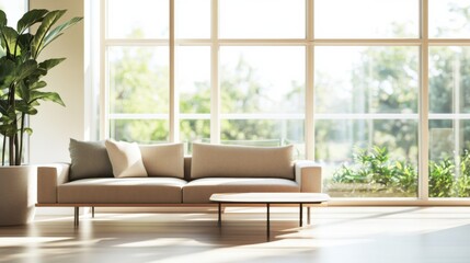 Modern minimalist living space with refined, stylish decor. Featuring sleek lines and muted hues