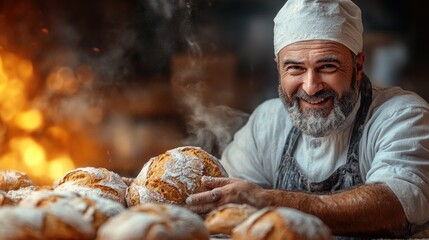A smiling baker showcases freshly baked bread in a warm, inviting bakery setting.