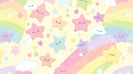 Obraz premium A seamless pastel rainbow background adorned with tiny kawaii-style smiling stars, fluffy clouds, and colorful candy shapes, creating a cheerful and whimsical atmosphere, perfect for playful designs.