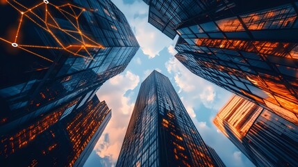 Modern skyscrapers with network connections, representing the impact of AI on real estate business models in city building