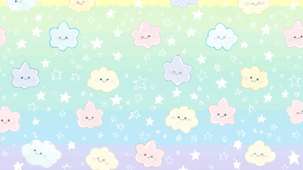 A seamless pastel rainbow background adorned with tiny kawaii-style smiling stars, fluffy clouds, and colorful candy shapes, creating a cheerful and whimsical atmosphere, perfect for playful designs.