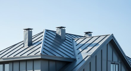 Obraz premium The upper part of the house. The roof of the house from a metal profile against the sky.