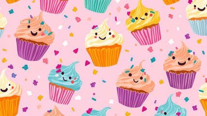 A seamless pattern featuring cartoon cupcakes with smiling faces, adorned with pastel frosting and colorful sprinkles, set against a soft pink background, creating a cheerful and sweet atmosphere.