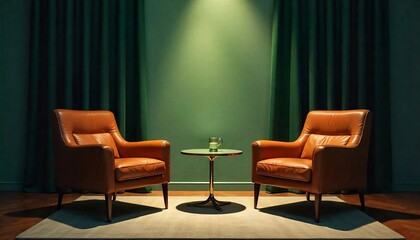 Two brown leather armchairs with a small round table between them, in a dimly lit room with green curtains and spotlights.