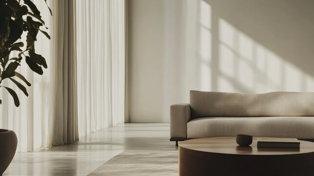 Modern minimalist living space with refined, stylish decor. Featuring sleek lines and muted hues