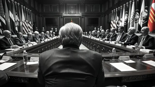 In a grand meeting room, a diplomat's silhouette is seen from behind, facing an assembly of delegates, highlighting the gravity and formality of high-level diplomatic discussions.
