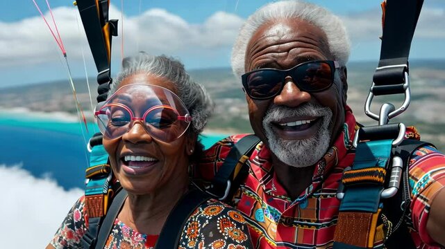 Senior couple in goggles enjoying parasailing over the ocean.