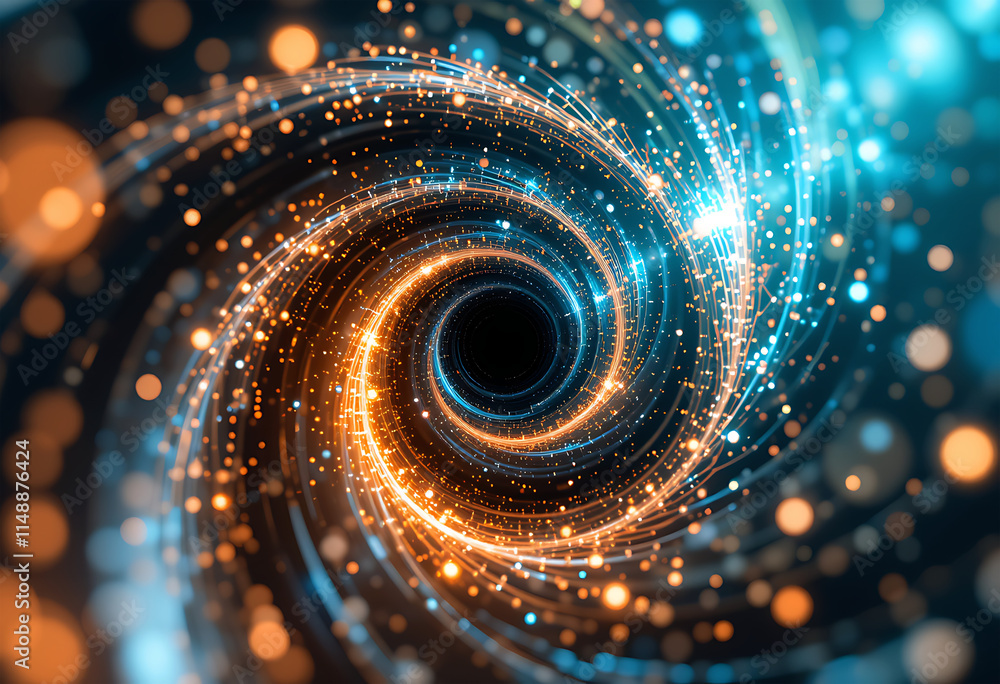 Poster abstract spiral with light particles, dynamic vortex background design.