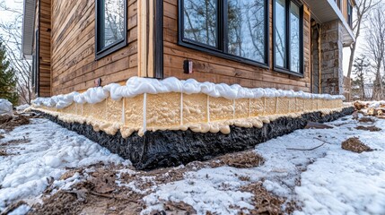 Insulation installation along the foundation of a modern wooden house in winter