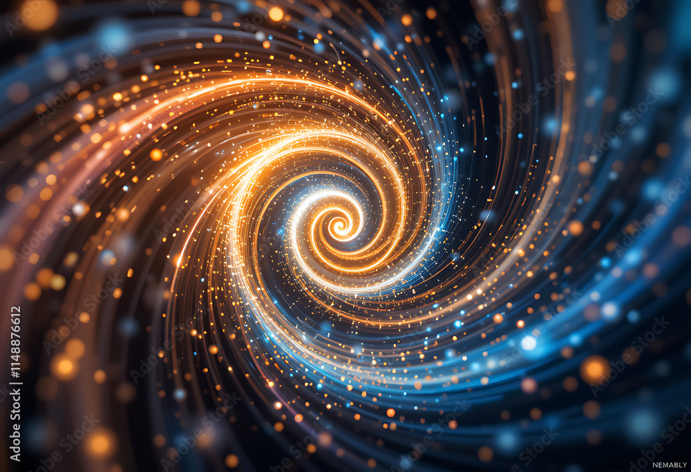 Poster abstract spiral with light particles, dynamic vortex background design.