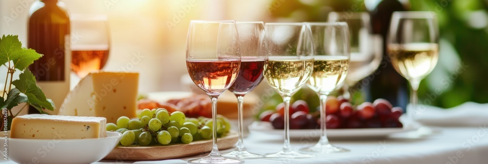 Poster elegant dining table set for wine tasting featuring assorted cheeses and fresh grapes under warm aft