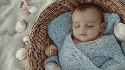 A baby in a wicker basket placed on a sandy beach, with soft blue blankets resembling waves and tiny seashells arranged around the basket for a coastal-inspired look.