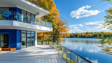Obraz premium Modern lake house with blue and white exterior, large deck with glass railing overlooking a tree-lined body of water on a sunny day