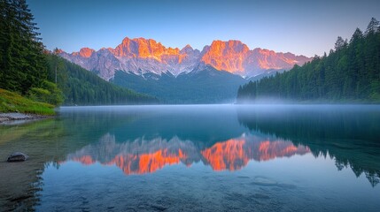 Sunrise over lake with mountain reflection and mist.